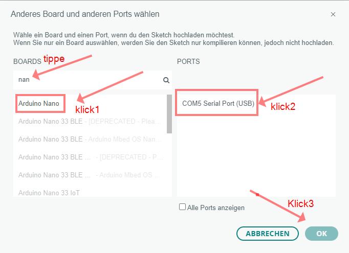 Board und Port Auswahl